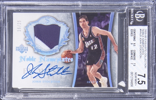 2005-06 UD "Exquisite Collection" Noble Nameplates #NNJS John Stockton Signed Patch Card (#16/25) - BGS NM+ 7.5/BGS 9